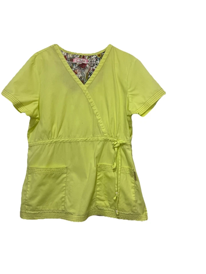 Koi By Kathy Peterson Womens Size Large Bright Yellow Scrub Top With Flowers - Image 1 of 4