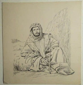 Henri CRESSON (XIX) ORIGINAL DRAWING PORTRAIT MAN EXPLORATION SAHARA ALGERIA - Picture 1 of 5