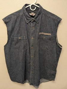 Harley-Davidson Denim Shirt Mens Extra Large Blue Sleeveless Vest Biker Eagle - Picture 1 of 11