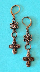 CROSS Daisy Flower Copper Earrings Brass Lever Back Southwestern Westernwear - Picture 1 of 10