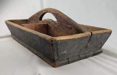 Primitive 19th Century Folk Art Painted Wood Tool Caddy Carrier Original Black - Image 1 of 4