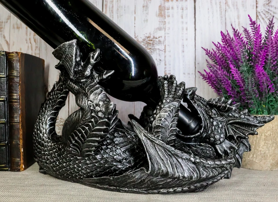 Ebros Black Saurian Armored Dragon Decorative Wine Holder Rack Figurine 12"L