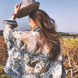 Womens Floral Lace Denim Jacket Coat Embroidery Loose Ripped Tops Outerwear Top - Picture 1 of 9