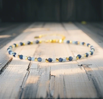 Natural Aquamarine Sapphire Tiny Beaded Crystal Healing Reiki Dainty Bracelet - Image 1 of 3