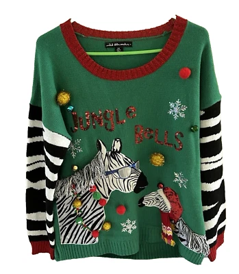 Suéter FEO de Navidad para Mujer con Lentejuelas Verdes Adornado Pom Cebra - XL Foto 1 de 4