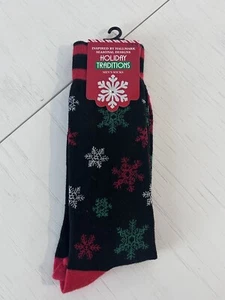 NWT Holiday Traditions Mens Christmas Socks Sz 6-12 Black Red Green Snowflake - Picture 1 of 6