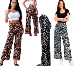 Damen Hose weites Bein Leopardenmuster Palazzo ausgestelltes Bein Kordelzug - Bild 1 von 7