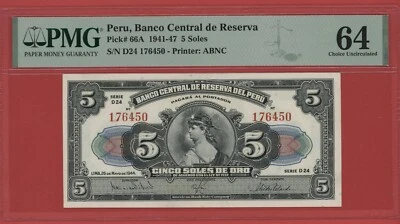 PERU  5  SOLES  1944  PICK # 66A PMG 64 CHOICE UNCIRCULATED. - Image 1 of 2