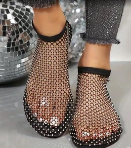Rhinestone Comfy Sparkly Gem Stretch Mesh Flats Sandals Shoes 6 NEW.color Black - Picture 1 of 5