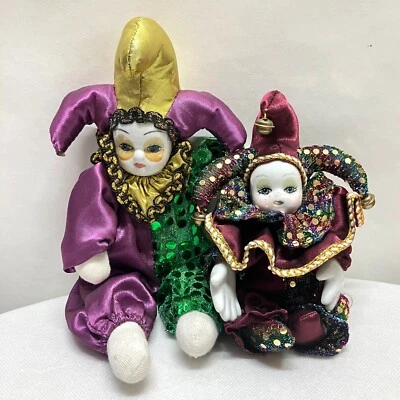 Harlequin Mardi Gras Carnival Jester Clown Porcelain Head VTG Dolls Lot of 2 - Image 1 of 4