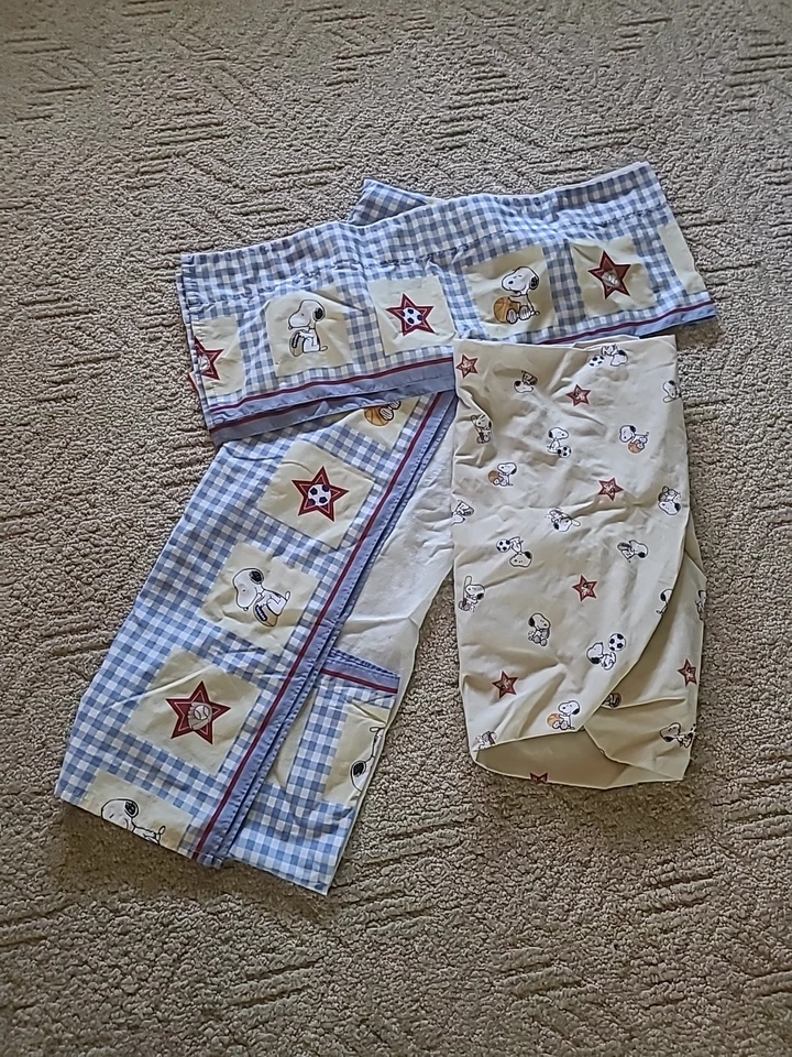 Baby Snoopy Crib Sheet Bed Skirt & Two Valance Little Champ Sports Star Peanuts - Image 1 of 4