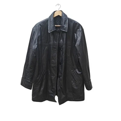 Winlit New York Genuine Leather Car Coat Black Button Front Jacket (Vintage/90s) - Imagem 1 de 4