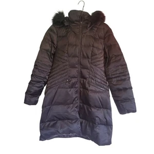 1 Madison Black Faux Fur Trim Hooded Down Filled Long Line Puffer Coat - Picture 1 of 14