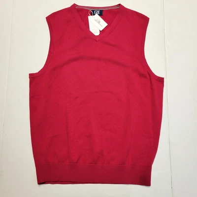 $150 New CUTTER & BUCK V-Neck Sweater Vest Men's MEDIUM M Red COTTON Nylon Knit - Image 1 of 4