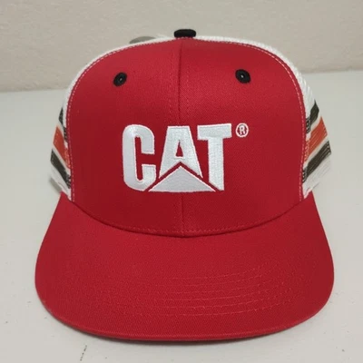 Caterpillar CAT красный плоский законопроект сетки крышка бейсболки белая черная полоса новый с Ярлыками водитель грузовика  - Изображение 1 из 4