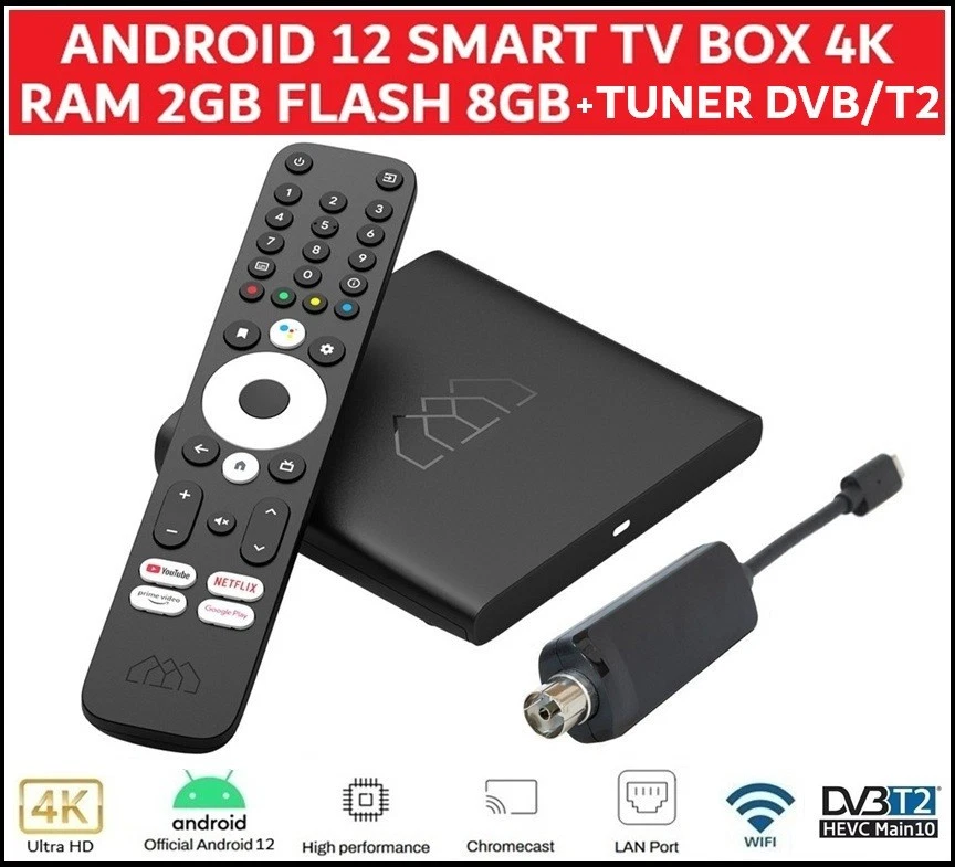 Decoder Digitale Terrestre DVB-T2 HEVC Android 12 4k Ultra HD Box Smart Tv WiFi - Immagine 1 di 4