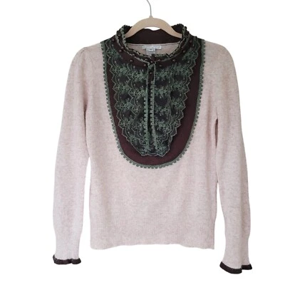 Suéter de punto Alberto Makali beige rosa con cuello de encaje verde marrón hecho en EE. UU. Foto 1 de 4