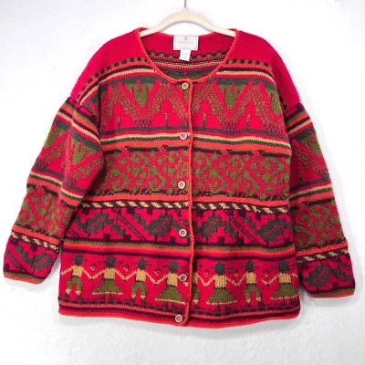 Express Cardigan Women S Red Hand Knit 100% Wool Fair Isle Pattern Chunky Knit - Image 1 of 4