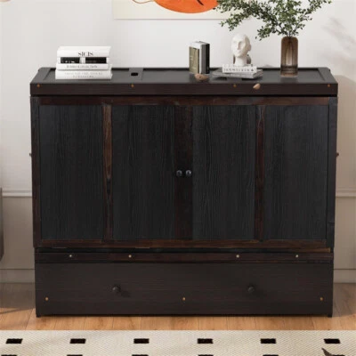 Queen Size Murphy Bed with USB & Storage Drawer Wood Murphy Cabinet Bed Espresso - Image 1 of 4