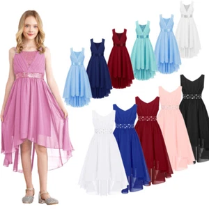 Girls Shiny High Low Junior Bridesmaid Dress Wedding Pageant Chiffon Party Gown - Picture 1 of 79