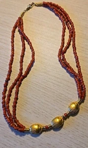 Vintage Rusty Red Gold Tone Bead Scarab Egyptian Revival Triple Strand Necklace - Picture 1 of 7