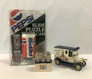 Lot 3 Vintage PEPSI COLA Truck Coin Bank, Mini Bottles Pack and Slide Puzzle Can - Picture 1 of 18