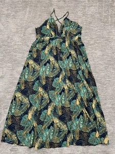 SHEIN Curve Dress Womens 2XL Green Leaf Print Tropical Beach Vacay Maxi V Neck - Picture 1 of 14