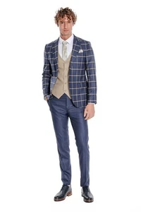 Traje Formal Para Hombre Wessi Calce Ajustado 3 Piezas Azul Marino Con Ventana Tostado y Marrón TY-1432 - Imagen 1 de 9