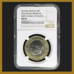 Mexico 20 Pesos Coin, 2015 Bimetallic 200th Anni. of Death of Morelos NGC MS 64 - Picture 1 of 2