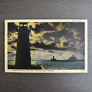 LINEN Postcard c1955 Moonlight Scene on the Canal Sault Ste Marie MI w Freighter - Picture 1 of 2