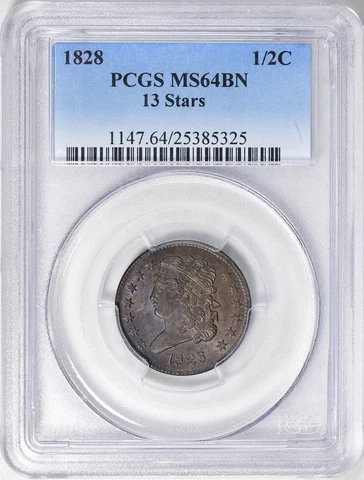 Rare Grade ! ~ 1828 ~ Classic Half Cent ~ 13 Stars ~ PCGS ~ MS 64 BN ~ $1,288.88 Cover