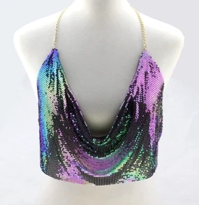 Multicolour Body Chain Bra Onesize Glitter Mesh Metal Bralette  - Picture 1 of 2