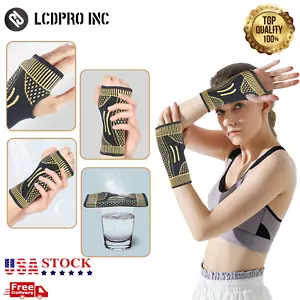 Copper Wrist Brace Support Compression Sleeve Arthritis Gym Carpal Tunnel Injury - Picture 1 of 18