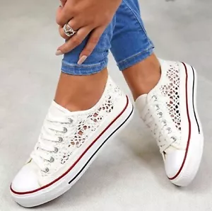 LADIES WOMENS FLAT CANVAS SNEAKERS PUMPS BEACH PLIMSOLLS SUMMER TRAINERS SIZE - Picture 1 of 4