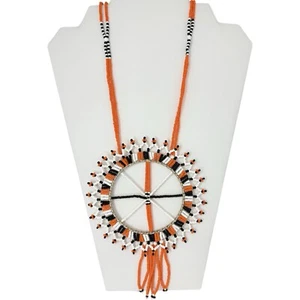 VTG Native American Medicine Wheel Dreamcatcher Necklace Bead Orange Leather - Picture 1 of 9