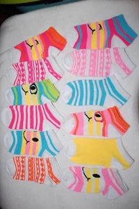 Girls 6 PR SOCKS Mix Match STRIPES SMILES Pink Yellow Orange Blue SHOE SZ 10.5-3 - Picture 1 of 1