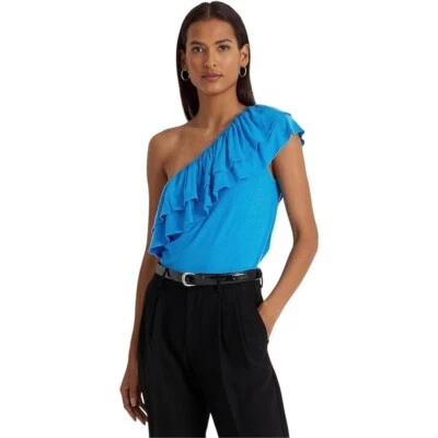 Blusa Ralph Lauren Un Hombro Volantes Top Azul Informal Fiesta XL NUEVA CON ETIQUETAS $98 Foto 1 de 4