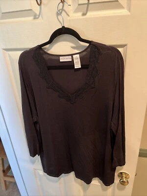 JACKYN SMITH BLOUSE / Black / Lace At V-neck / 2X / Rib Knit / Stretch - Image 1 of 4