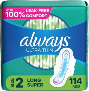 Ultra Thin Daytime Pads with Wings, Size 2, Long Super, Unscented, 114 Count - Picture 1 of 8