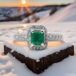 18K White Gold Natural 1/2CT Emerald 1/2CT Diamond Pave Victorian Art Deco Ring - Picture 1 of 16