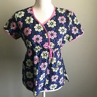 Skechers Womens Medical Scrubs Top Blouse Sz Small Blue Pink Adjustable Waist - Image 1 of 4
