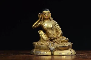 5,5 Zoll alte antike tibetische Buddhismus Tempel Bronze vergoldet Milarepa Ehrwürdige Statue - Bild 1 von 9