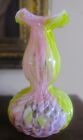 Vintage Hand Blown Art Glass Vase  in Yellow & Pink Swirl Pattern w/ Ruffle Edge