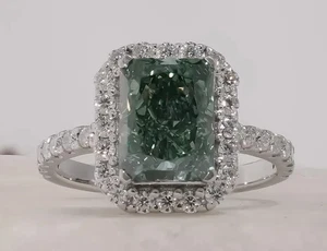 3.50CT Radiant Cut Lab Grown Fancy Green Diamond Halo Engagement Ring 14k Gold - Picture 1 of 12