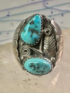 Navajo ring Turquoise band Floral leaves size 10.50 sterling silver women men - Picture 1 of 13
