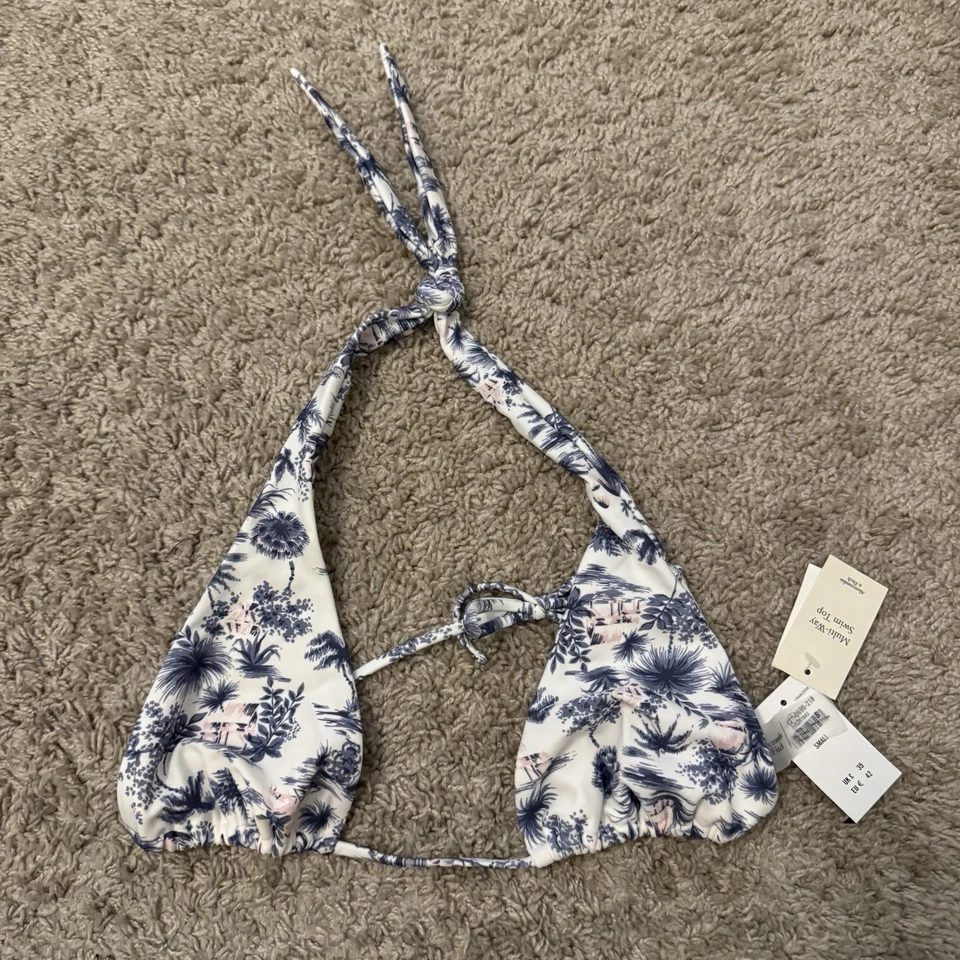 Blusa de Natação Abercrombie Fitch Multi Way Feminina Pequena Floral Branca Azul Gravata Traseira Nova Com Etiqueta - Imagem 1 de 4
