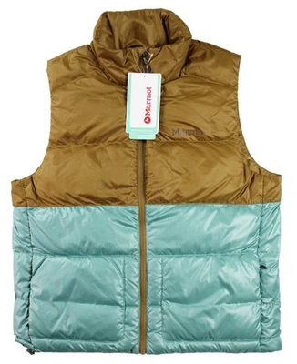 Marmot Womens Puffer Vest M Quilted Down Insulated Zip Front Brown Blue $200 NEW - Image 1 of 4