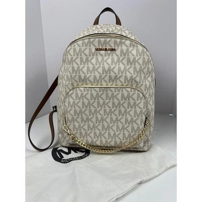 Michael Kors Logo Signature Backpack Brown Gold Chain Front Pocket w/dust jacket - Image 1 of 4