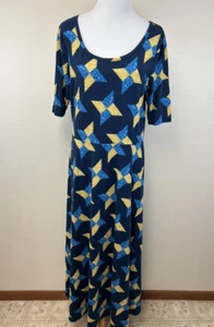Lularoe 2XL Ana Maxi Dress Navy Blue Golden Yellow Quilt Patchwork Print Cottony - Picture 1 of 4