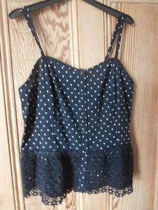 Woman's Superdry Camisole Top Navy Blue XL Lace Hem Button Front Adj Straps - Picture 1 of 4